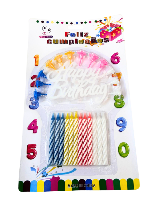 Velas para Cumpleaños "Happy Birthday" Colores con base